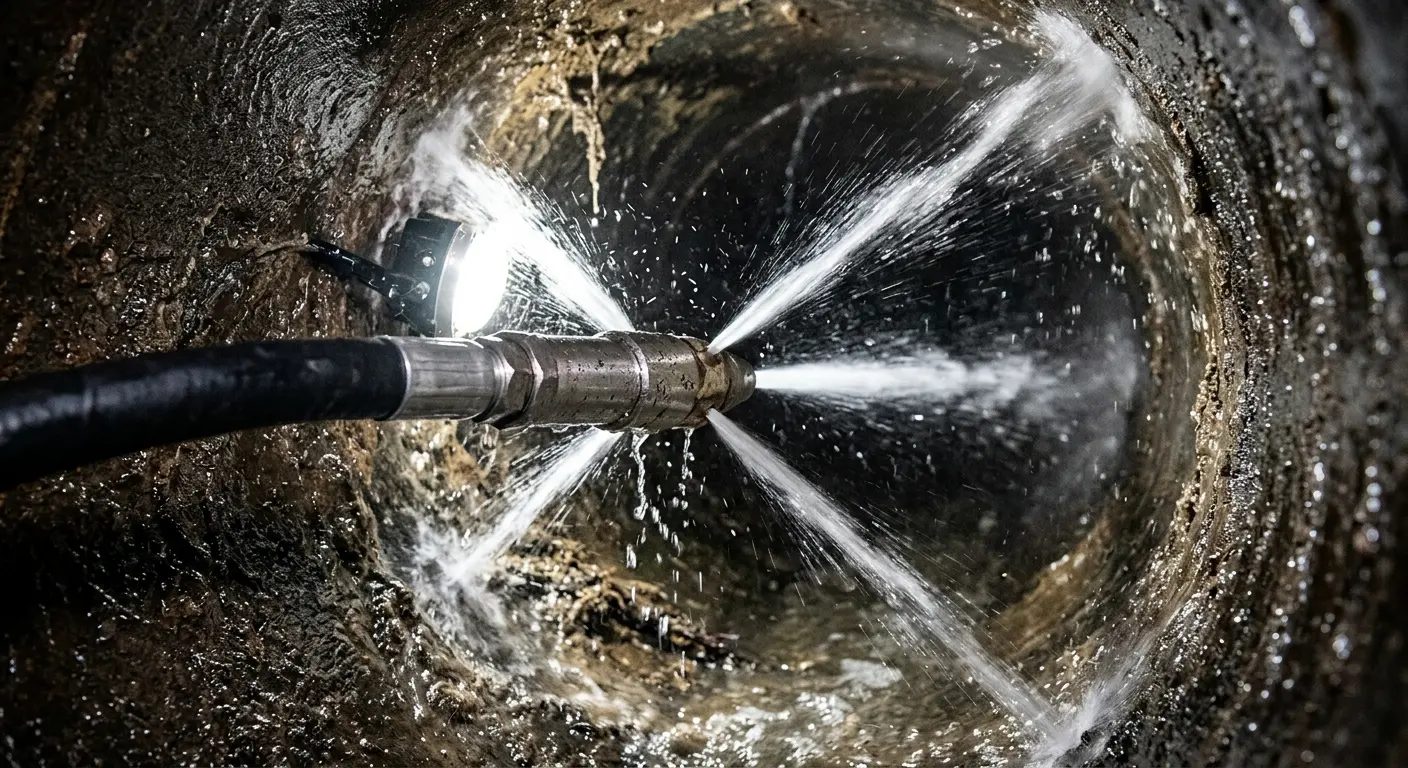 High-pressure hydro jetting nozzle cleaning sewer pipe for Trenchless Sewer Repair in West Brandywine