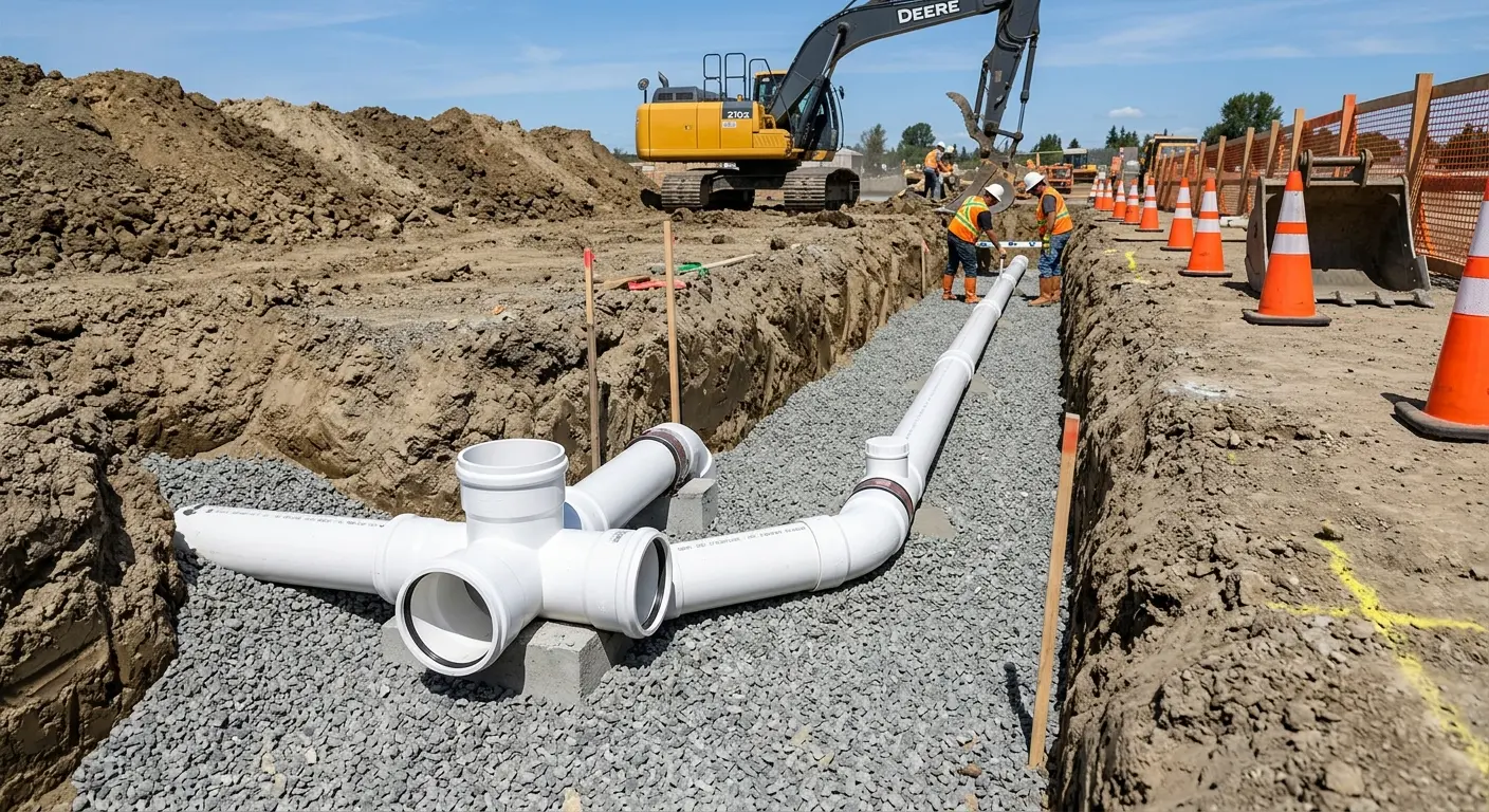 New PVC sewer pipe installation in open trench for Commercial Drain Cleaning in West Brandywine
