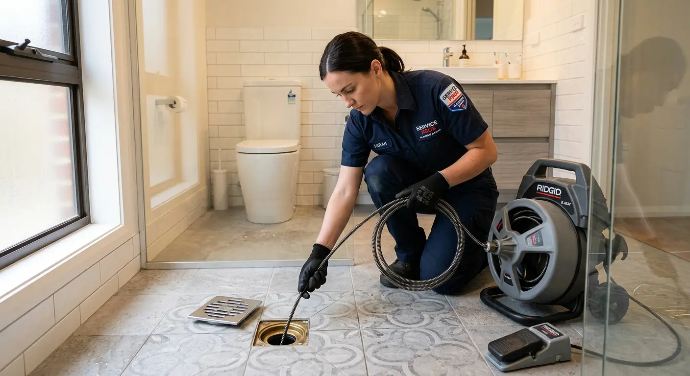 Technician clearing a bathroom floor drain for Drain Cleaning in West Brandywine